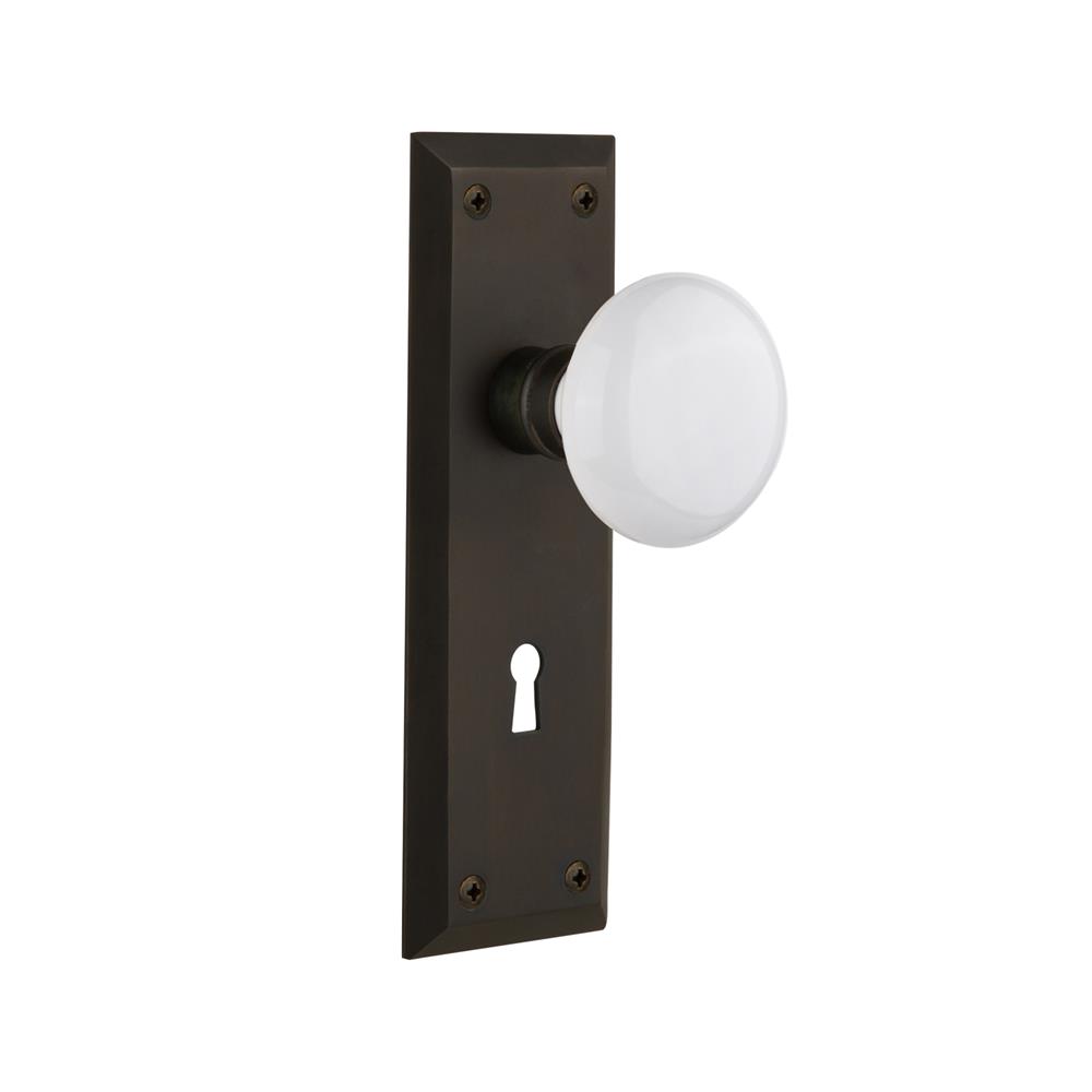 Nostalgic Warehouse NYKWHI Mortise New York Plate with White Porcelain Knob and Keyhole in Oil